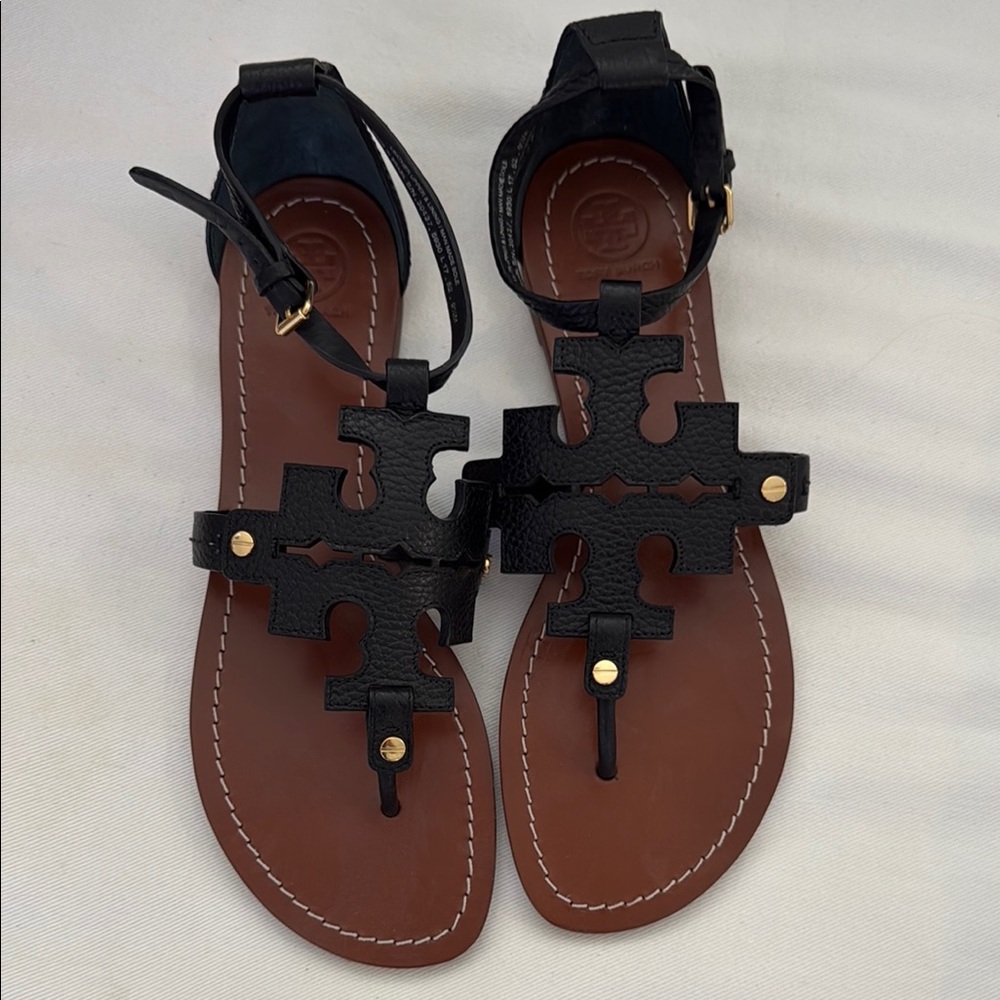Tory Burch Black and Brown Sandals with Ankle Straps size 9 1/2 M